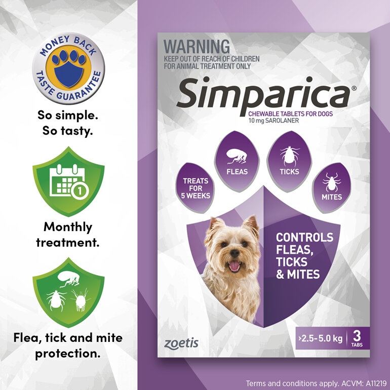 3pk Simparica chew for Dogs 2.5 to 5.0kg treats fleas, ticks & mites