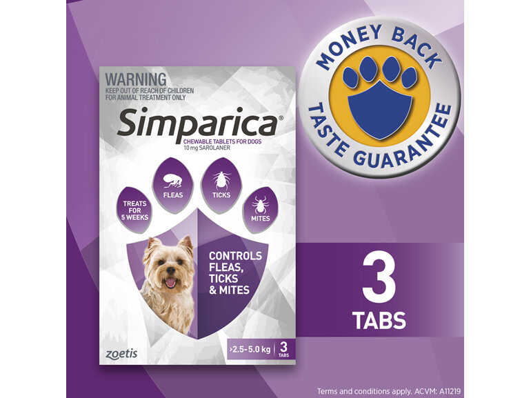 3pk Simparica chew for Dogs 2.5 to 5.0kg treats fleas, ticks & mites
