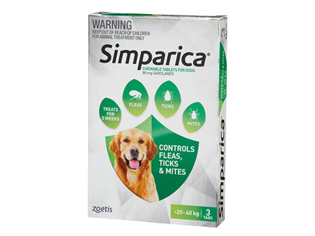 3pk Simparica chew for Dogs 20 to 40kg treats fleas, ticks & mites