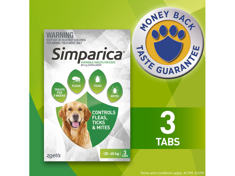3pk Simparica chew for Dogs 20 to 40kg treats fleas, ticks & mites