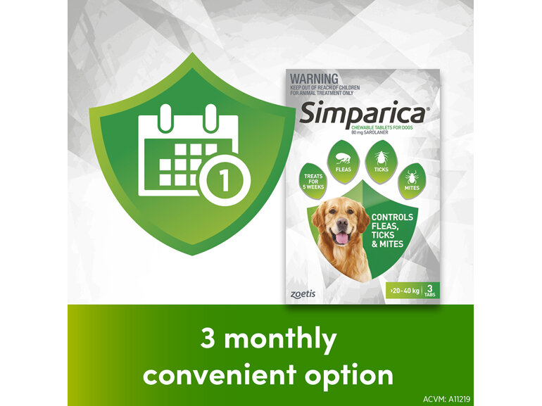 3pk Simparica chew for Dogs 20 to 40kg treats fleas, ticks & mites