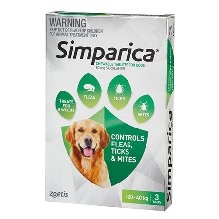 3pk Simparica chew for Dogs 20 to 40kg treats fleas, ticks & mites