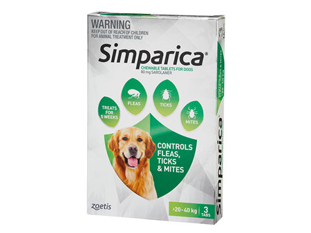 3pk Simparica chew for Dogs 20 to 40kg treats fleas, ticks & mites