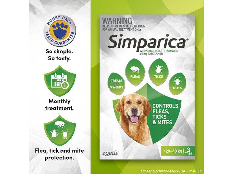 3pk Simparica chew for Dogs 20 to 40kg treats fleas, ticks & mites