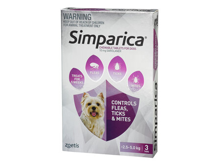 3pk Simparica chew for Dogs 2.5 to 5.0kg treats fleas, ticks & mites