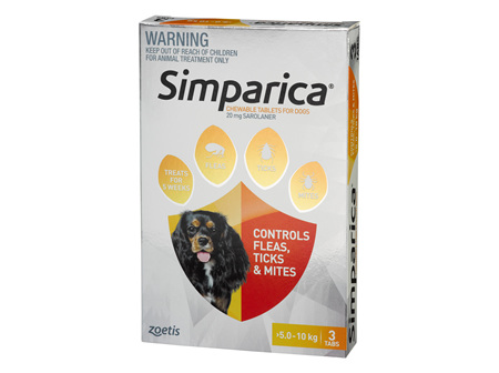 *3pk Simparica chew for Dogs 5.0 to 10kg treats fleas, ticks and mites*