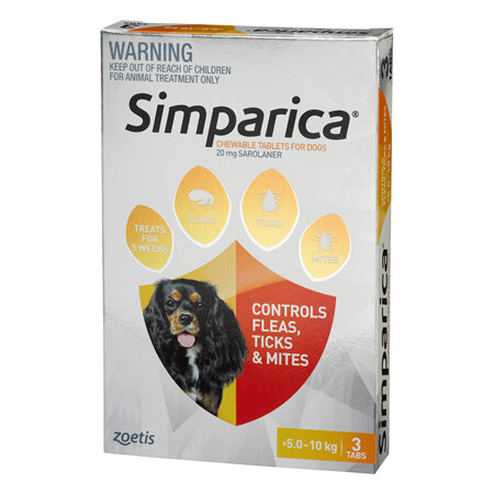 3pk Simparica chew for Dogs 5.0 to 10kg treats fleas, ticks and mites