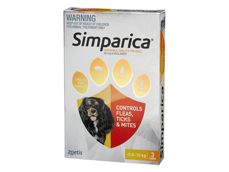 3pk Simparica chew for Dogs 5.0 to 10kg treats fleas, ticks and mites