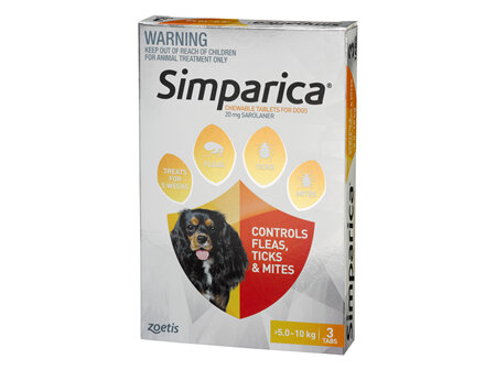 3pk Simparica chew for Dogs 5.0 to 10kg treats fleas, ticks and mites