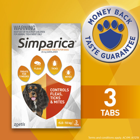 3pk Simparica chew for Dogs 5.0 to 10kg treats fleas, ticks and mites