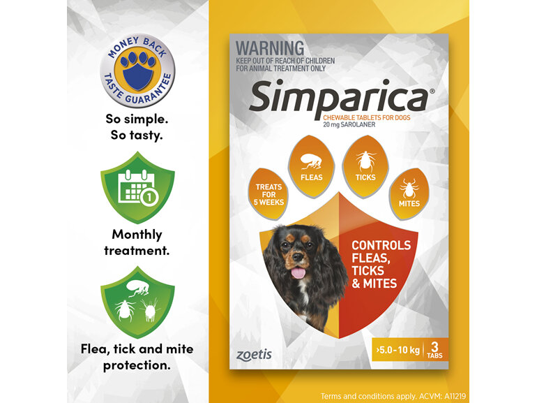 3pk Simparica chew for Dogs 5.0 to 10kg treats fleas, ticks and mites