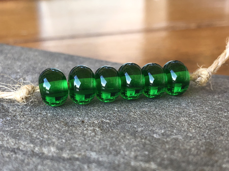 6x handmade glass spacer beads - transparent emerald green