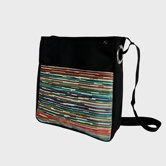 A fun striped bag suitable for a laptop.