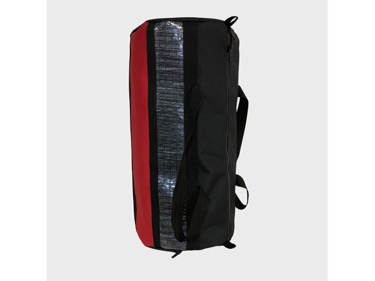 A travel gear bag with a difference, made from sailcloth in black and red