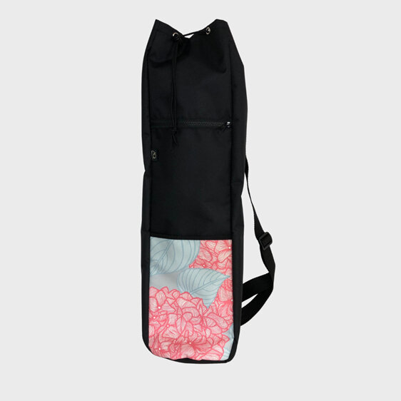 A yoga mat bag for your gym class with pockets made out of hydrangea fabric