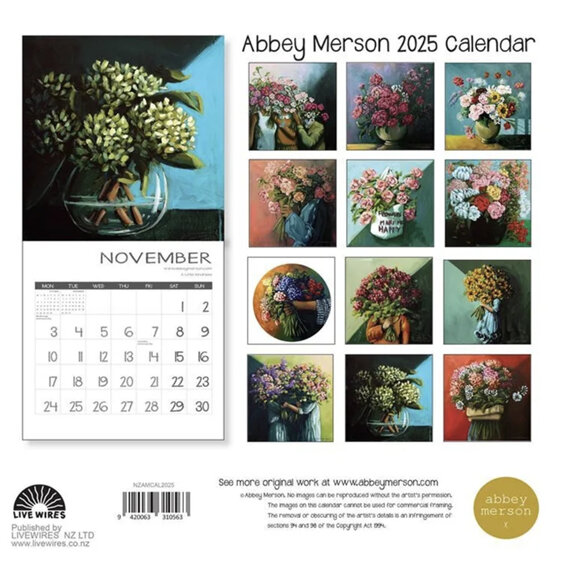 Abbey Merson 2025 Wall Calendar NZ Floral Painter Artist