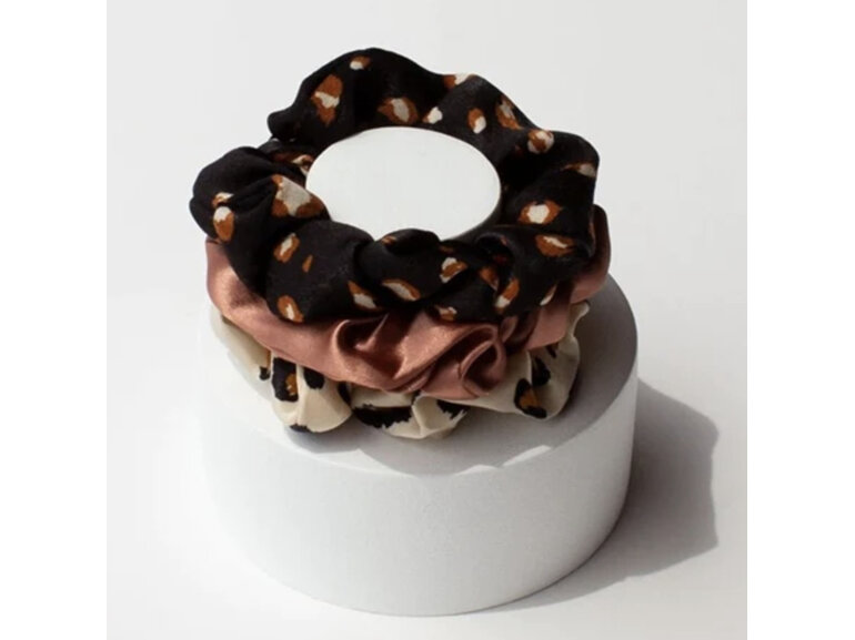 Adorn By Mae Trio of 3 Elastic Scrunchies Stay Wild Cream Black & Bronze