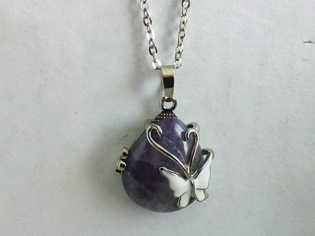 Amethyst Tear Drop With White Butterfly Pendant