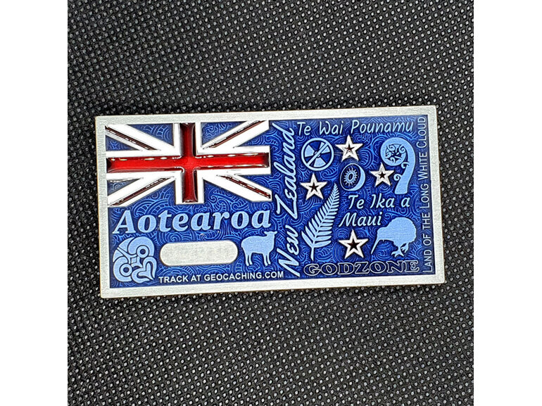 aotearoa new zealand flag map large geocoin for geocaching, exclusive, silver