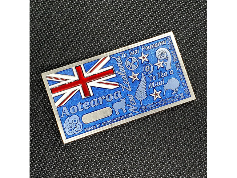 aotearoa new zealand flag map large geocoin for geocaching, silver, gold