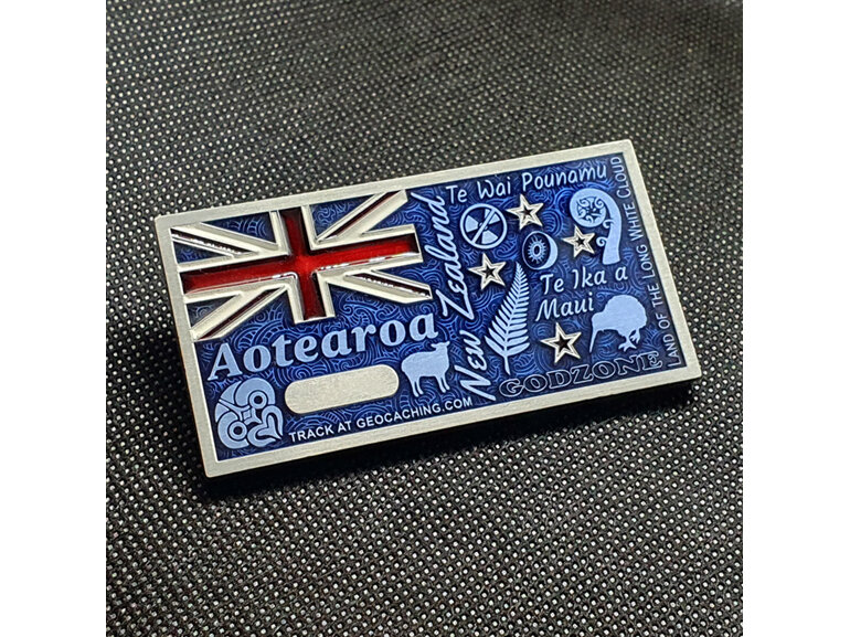 aotearoa new zealand flag map large geocoin for geocaching, exclusive, silver