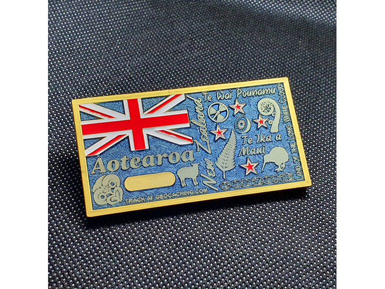 aotearoa new zealand flag map large geocoin for geocaching, exclusive, gold