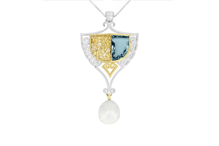 art nouveau aquamarine and pearl pendant in white gold and yellow gold