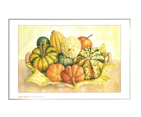 Art print from watercolour: Miniature pumpkins & squash in basket