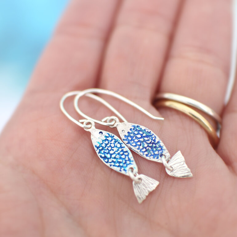 Azure blue ika iti fish silver earrings handmade lily griffin nz jewellery
