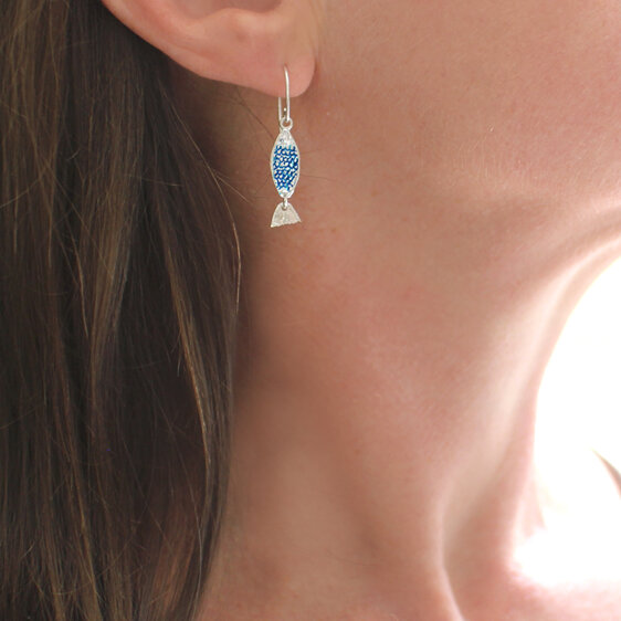 Azure blue ika iti fish silver earrings ocean sea lilygriffin nz jeweller