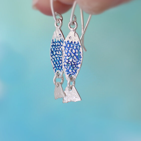 Azure blue ika iti fish silver earrings ocean sea lily griffin nz jewellery