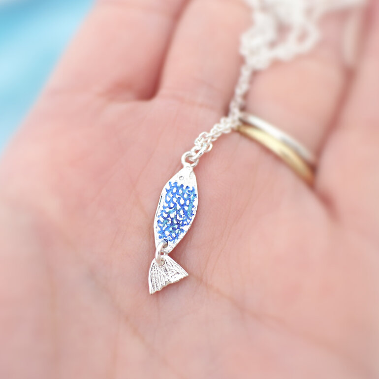 Azure blue ika iti fish silver necklace handmade lily griffin nz jewelry