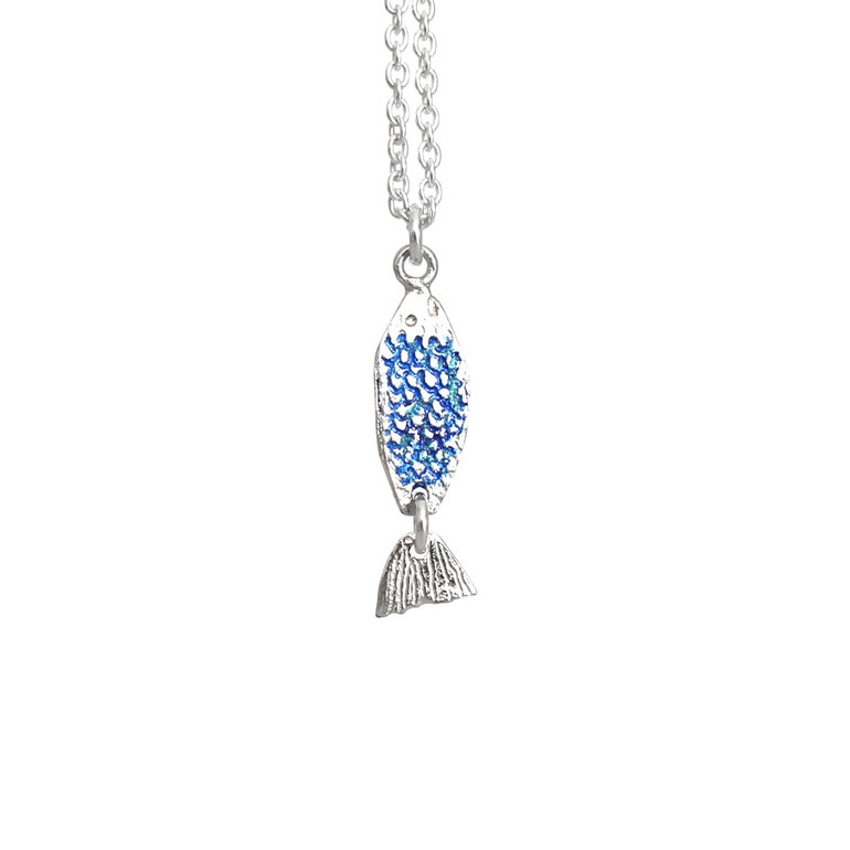 Azure blue ika iti fish silver pendant handmade lily griffin nz jewellery