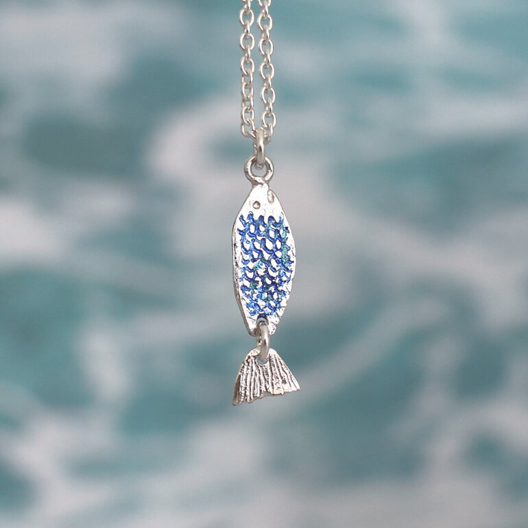Azure blue ika iti fish silver pendant handmade lilygriffin nz jeweller