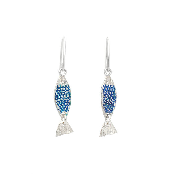 Azure blue ika iti fish sterling silver earrings handmade lilygriffin nz jewelry