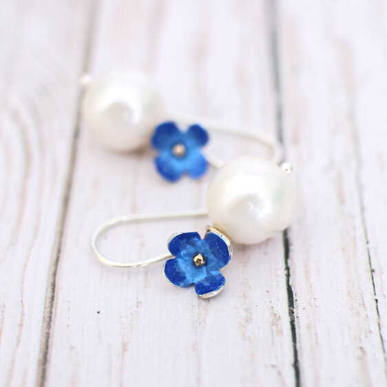 Azure blue putiputi flowers pearls earrings handmade lily griffin nz jeweller