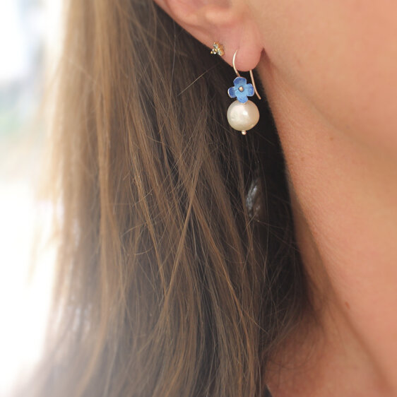Azure blue putiputi flowers pearls earrings handmade lilygriffin nz jewellery