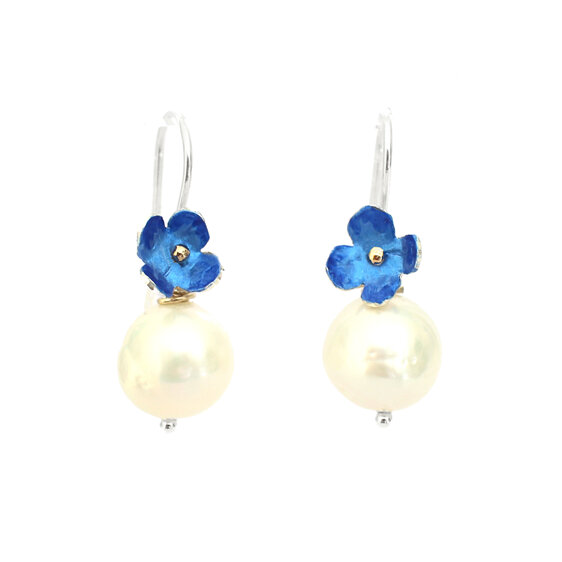 Azure blue putiputi flowers pearls earrings sterling silver lilygriffin  jewelry
