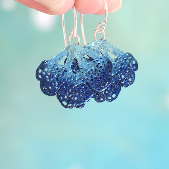 Azure turquoise indigo blue sea fan earrings lace lilygriffin nz handmade
