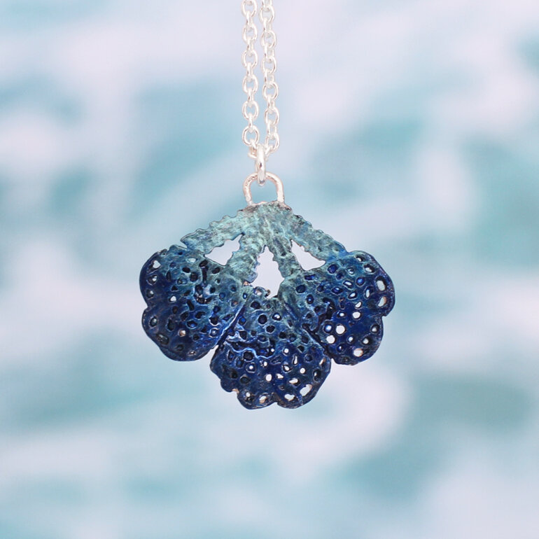 Azure turquoise indigo blue sea fan pendant lace lily griffin nz handmade