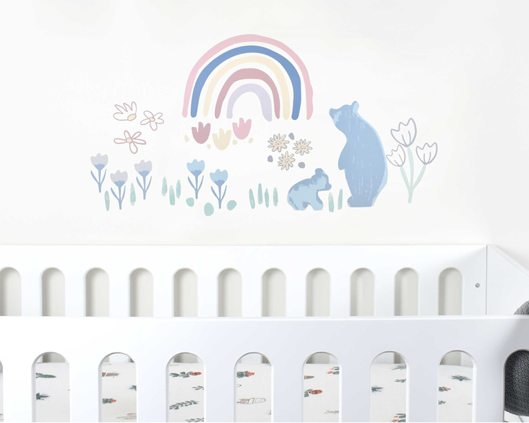 Baby bear nursery wall decal large with cot