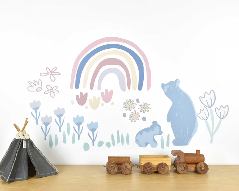 Baby bear nursery wall decal with teepee and wooden train