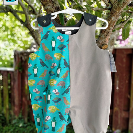 Baby Romper Suit - Grey & Charcoal with Cute NZ Birds on blue