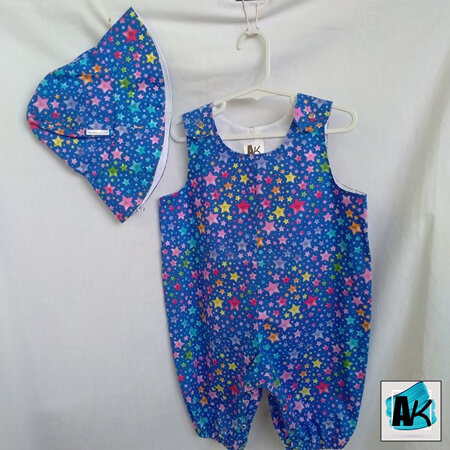 Baby Romper Suit & Hat Set, 6-12 months – Colourful Stars on blue
