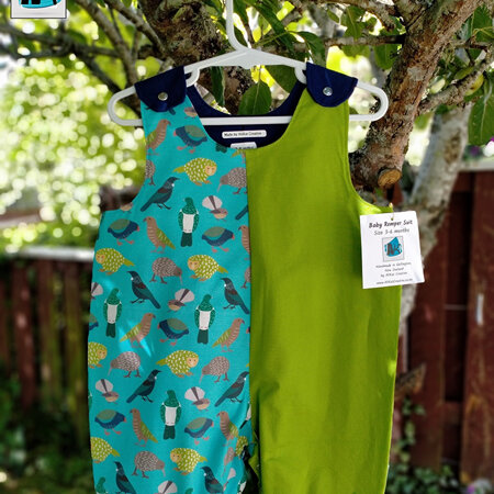 Baby Romper Suit - Lime & Navy with Cute NZ Birds on blue