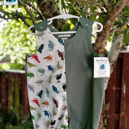 Baby Romper Suit – Oregano Green & NZ Birds in Colourful Silhouette