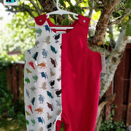 Baby Romper Suit – Ruby Red & NZ Birds in Colourful Silhouette