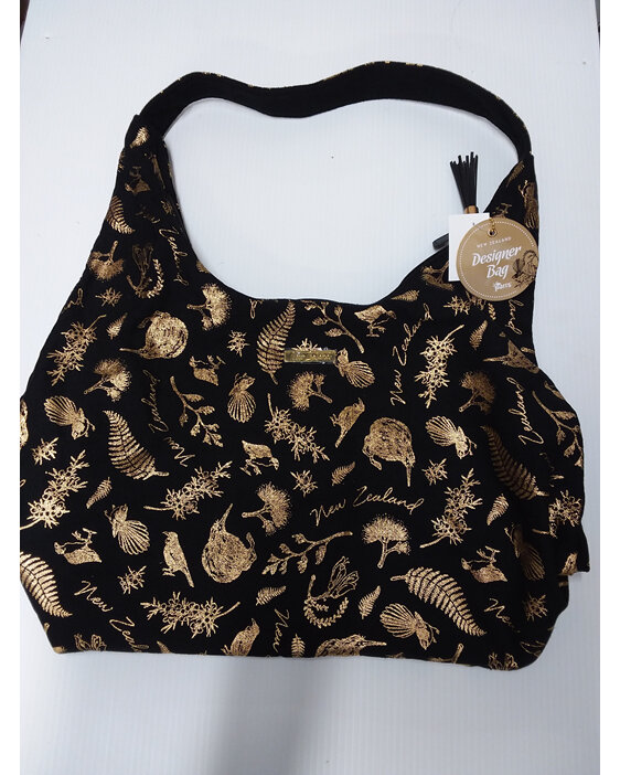 #bag#shoulder#black#gold#nznative#birds#fauna