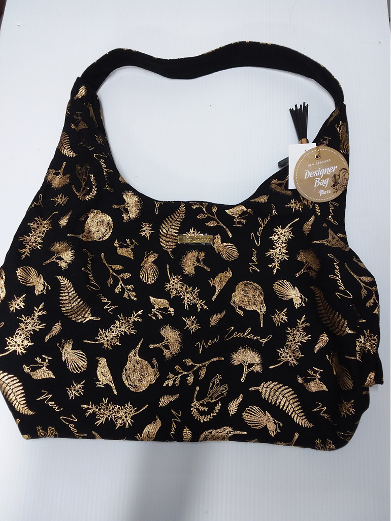 #bag#shoulder#black#gold#nznative#birds#fauna