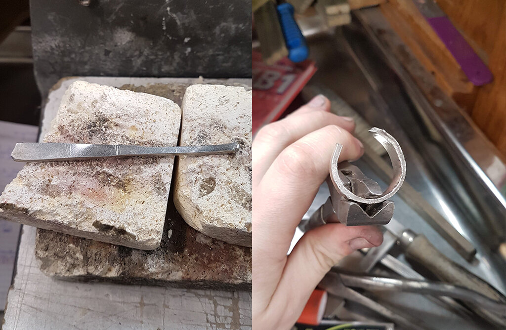Platinum band completely rolled out and being bent to form ring